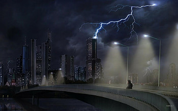 city at night, buildings, lightning, dark, lights HD wallpaper