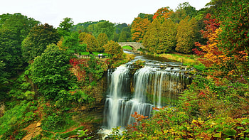 Autumn Park, river, fall, clouds, trees, cascades, colors, sky HD wallpaper