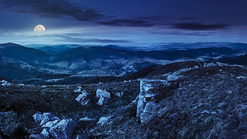 Moonlit night, night, hills, scene, landscape, , rocks, moon, nature, mountains HD wallpaper