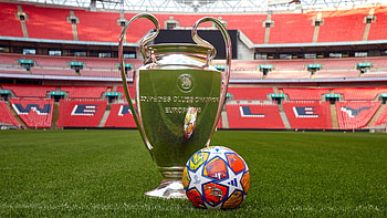 UEFA Champions League ball and trophy 2024, ball, UEFA Champions League, trophy HD wallpaper