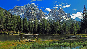 Lake Antorno, Dolomites, Italy, sky, alps, mountains, landscape, clouds, trees HD wallpaper