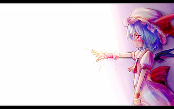 Remilia's Weakness, wings, remilia, outstretched hand, sunlight, tears, red eyes, blue hair, rough, wrist cuffs, remilia scarlet, touhou, blush, blood, hat HD wallpaper