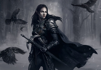 Dark elf, girl, pasari, elf, dark, black, bird, art, aimee lynette, armor, wind, raven, fantasy HD wallpaper