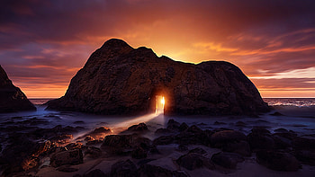 Into the light, light, clouds, nature, sky, sunset, rock, ocean HD wallpaper