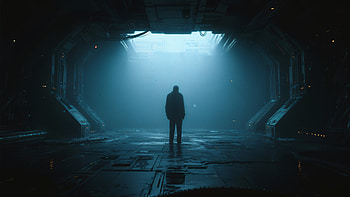 Alone in the Neon Hangar — Ultra, lonely, silhouette, Sci Fi, hangar HD wallpaper