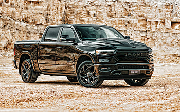 Dodge RAM 1500, Limited 4x4 Crew Cab, 2021, Front View, Exterior, Black SUV, New Black RAM 1500, Black Pickup Truck, American Cars, Dodge HD wallpaper