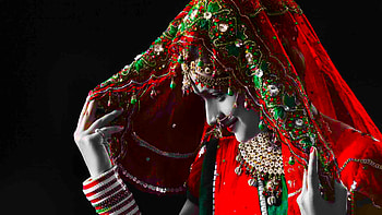 Exotic Beauty in Veils, art, exotic, veil, girl, beautiful, jewelry, woman, veiled, digital, fantasy, pretty, green, color splash, red HD wallpaper