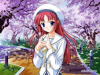 Nervous, blue, other, garden, grass, anime, violet, green, trees, girls, sky, hair, hat HD wallpaper