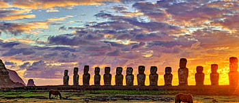 Witnesses Of The Unknown, Chile, beautiful, grass, statues, Moais, horses, clouds, sky, sunset, Eastern Island HD wallpaper