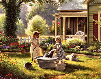 Spring Cleaning F1C, animal, art, dogs, beautiful, artwork, wide screen, painting, pets, canine, wash tub HD wallpaper