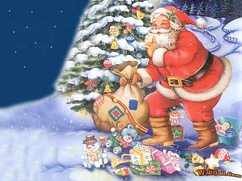 Soosh it's Santa, hohoho, winter, gifts, tree, presents, christmas, nature, sky, santa HD wallpaper