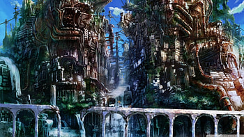 Anime city, dog, girl, anime, water HD wallpaper