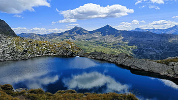 Beautiful lake in Val Piora, Switzerland, landscape, clouds, water, reflections, hills HD wallpaper