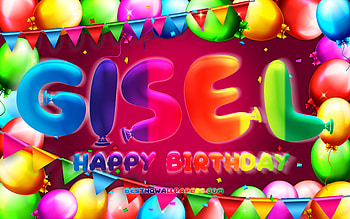 Happy Birtay Gisel, , colorful balloon frame, Gisel name, purple background, Gisel Happy Birtay, Gisel Birtay, popular german female names, Birtay concept, Gisel HD wallpaper