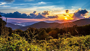 Sunset on the Blue Ridge Parkway, North Carolina, landscape, clouds, colors, sky, flowers, mountains, usa HD wallpaper