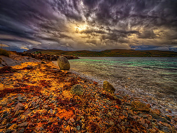 Darkness over the sea, sea, beautiful, stones, beach, shore, darkness, emerald, clouds, nature, sky, water, sun, storm, ocean HD wallpaper