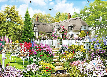 Country Cottage, birds, flowers, bench, painting, garden, trees HD wallpaper