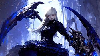 Fantasy Anime Girl with Scythe in Blue Aura, fantasy, anime girl, scythe, blue anime HD wallpaper