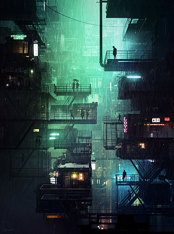Night of city, stairs, buildings, art HD phone wallpaper