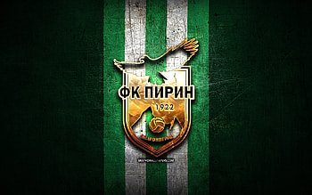 Pirin Blagoevgrad FC, golden logo, Parva liga, green metal background, football, bulgarian football club, Pirin Blagoevgrad logo, soccer, FC Pirin Blagoevgrad HD wallpaper