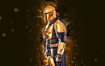 Golden Mandalorian, , yellow neon lights, Fortnite Battle Royale, Fortnite characters, Golden Mandalorian Skin, Fortnite, Golden Mandalorian Fortnite HD wallpaper