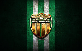 FCI Levadia, golden logo, Meistriliiga, green metal background, football, Estonian football club, FCI Levadia logo, soccer, FCI Levadia Tallinn HD wallpaper