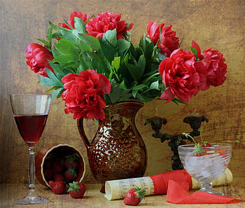 still life, graphy, strawberries, peony, kettle, cup, beauty, music, red candles, flowers, flower bouquet, harmony, cream, drink HD wallpaper