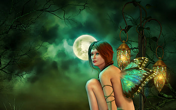 Fairy, wings, girl, woman, moon, fantasy, green, yellow, luna, luminos, lantern HD wallpaper