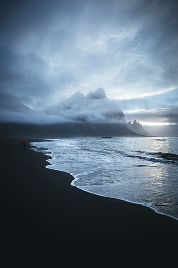 Nature, Mountains, Sea, Clouds, Beach, Sand, Human, Person, Alone, Lonely, Wave HD phone wallpaper
