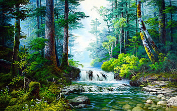 Calm, painting, green, water, forest HD wallpaper