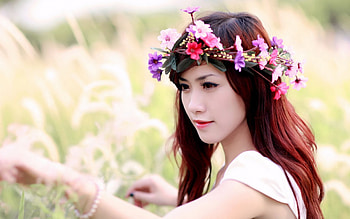 Model, hairs, women, flowers HD wallpaper