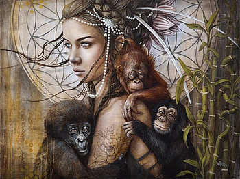 :), monkey, painting, art, fantasy, pictura, sophie wilkins, maimuta, girl HD wallpaper