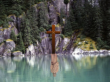 Reflections of Love 1, cross, scenic, christ, christian, water, mountain HD wallpaper