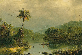 Tropical landscape, boat, tropical, landscape, palm tree, painting, pictura, green, luminos, water, frederic edwin church HD wallpaper