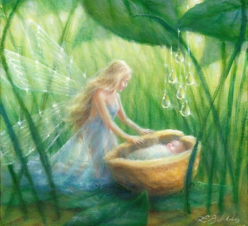 Love in a Nutshell, art, lynne bellchamber, cute, baby, girl, fairy, painting, fantasy, green, luminos HD wallpaper