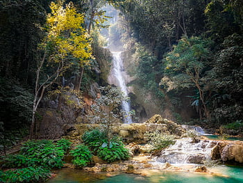 Serene waterfall cascading through dense jungle in Laos, surrounded by vibrant foliage. HD wallpaper