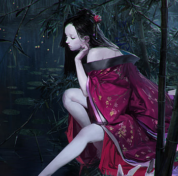 Geisha, night, kimono, asian, art, girl, bunny, pink, fantasy, moon, luminos, park pyeongjun HD wallpaper