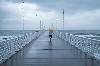 Alone, Pier, Miscellanea, Miscellaneous, Human, Person, Loneliness, Lonely, Umbrella HD wallpaper