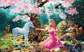 source of life, unicorn, princess, tree, flower HD wallpaper