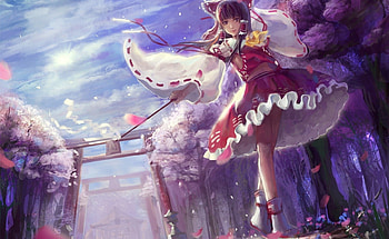 At the temple, blue, temple, cute, girl, spring, bloom, dress, tree, purple, pink, anime, petals, ritual, sky, manga HD wallpaper
