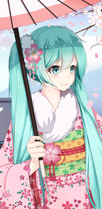 blue hair, twintails, blue eyes, sakura, petal, kimono, umbrella, Hatsune Miku, Anime, Vocaloid HD phone wallpaper