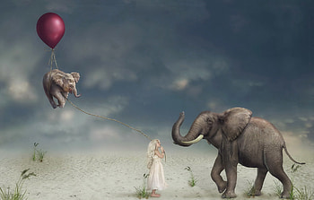 The little girl and the elephants, frumusete, cub, baby, girl, copil, pink, creative, fantasy, elephant, balloon, luminos, child HD wallpaper