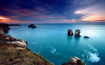 Nature, Lilac, Shore, Bank, Ocean, Evening, Bay, Blue Water HD wallpaper