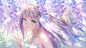 :), anime, foo midori, fac, face, girl, manga, wings, blue, wisteria, flower HD wallpaper