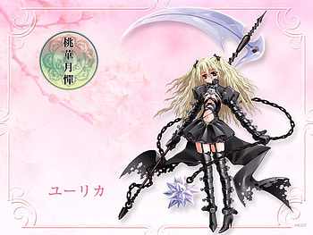 Isn't your outfit a little out of place on that background?, scythe, gothic, pink, anime HD wallpaper