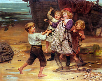 Arthur John Elsley * The Day's Catch 1902, painting, boy, art, arthur john elsley, girl HD wallpaper