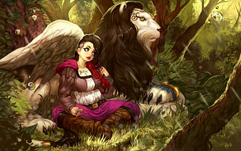 Girl and griffin, wings, white, art, girl, lion, griffin, griffon, woman, pink, fantasy, green, game HD wallpaper