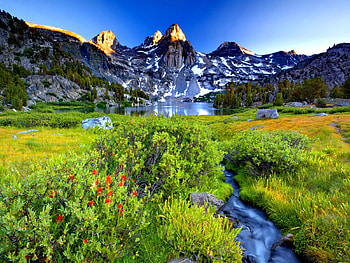 Mountain paradise, river, creek, meadowe, peaks, peaceful, reflection, water, calm, pond, snowy, slope, gorgeous, beautiful, grass, lake, mountain, field, green, nature, sky, flowers, stream HD wallpaper