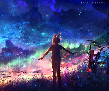 Outdoor, night, colorful sky, fallen stars, anime art HD wallpaper