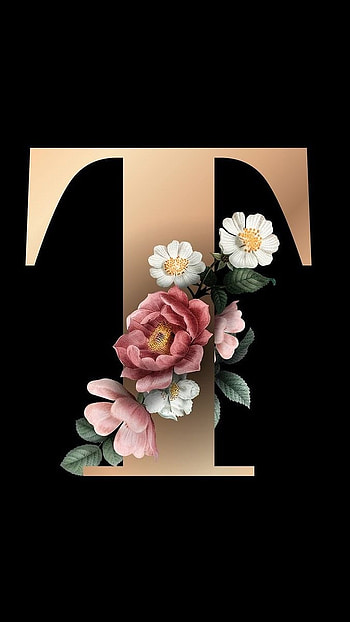 T Letter, Floral Design, Black Background HD phone wallpaper